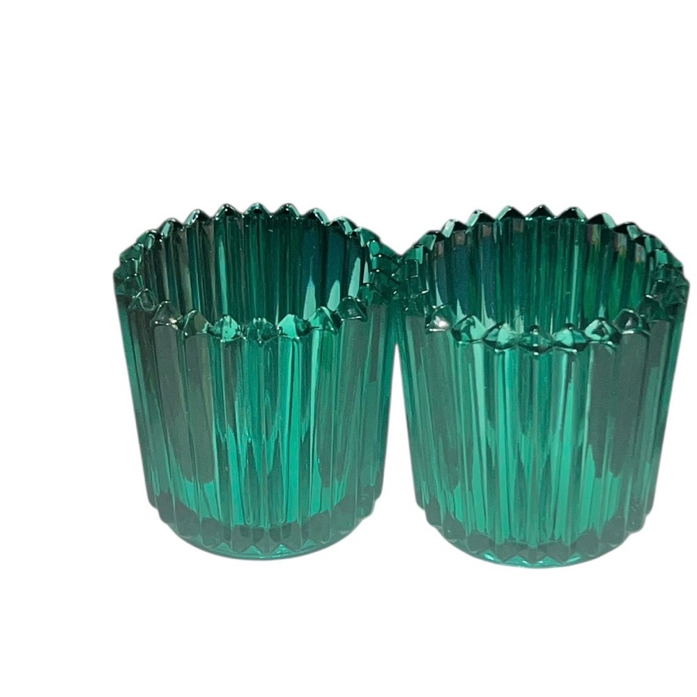 Emerald Green Ribbed Glass Candle Holders - Set of 2 Indiana Glass